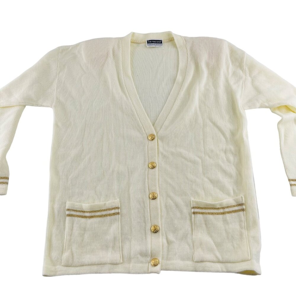 Vintage The Tog Shop Cardigan Sweater L Light Yellow Acrylic & Metallic NWT